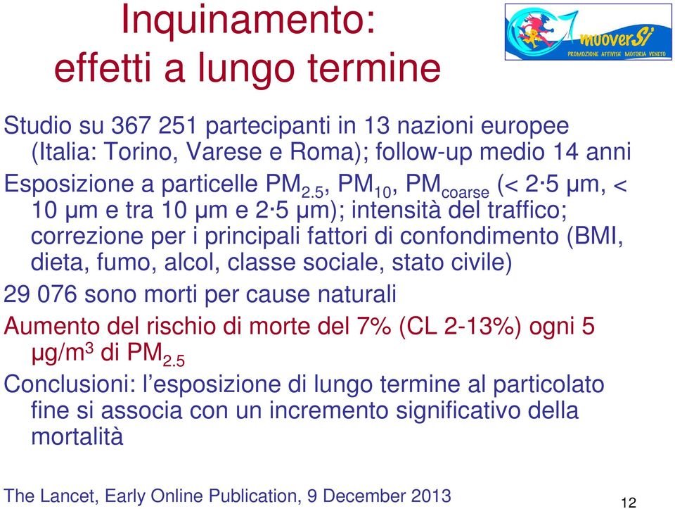 5, PM 10, PM coarse (< 2 5 µm, < 10 µm e tra 10 µm e 2 5 µm); intensità del traffico; correzione per i principali fattori di confondimento (BMI, dieta, fumo, alcol,