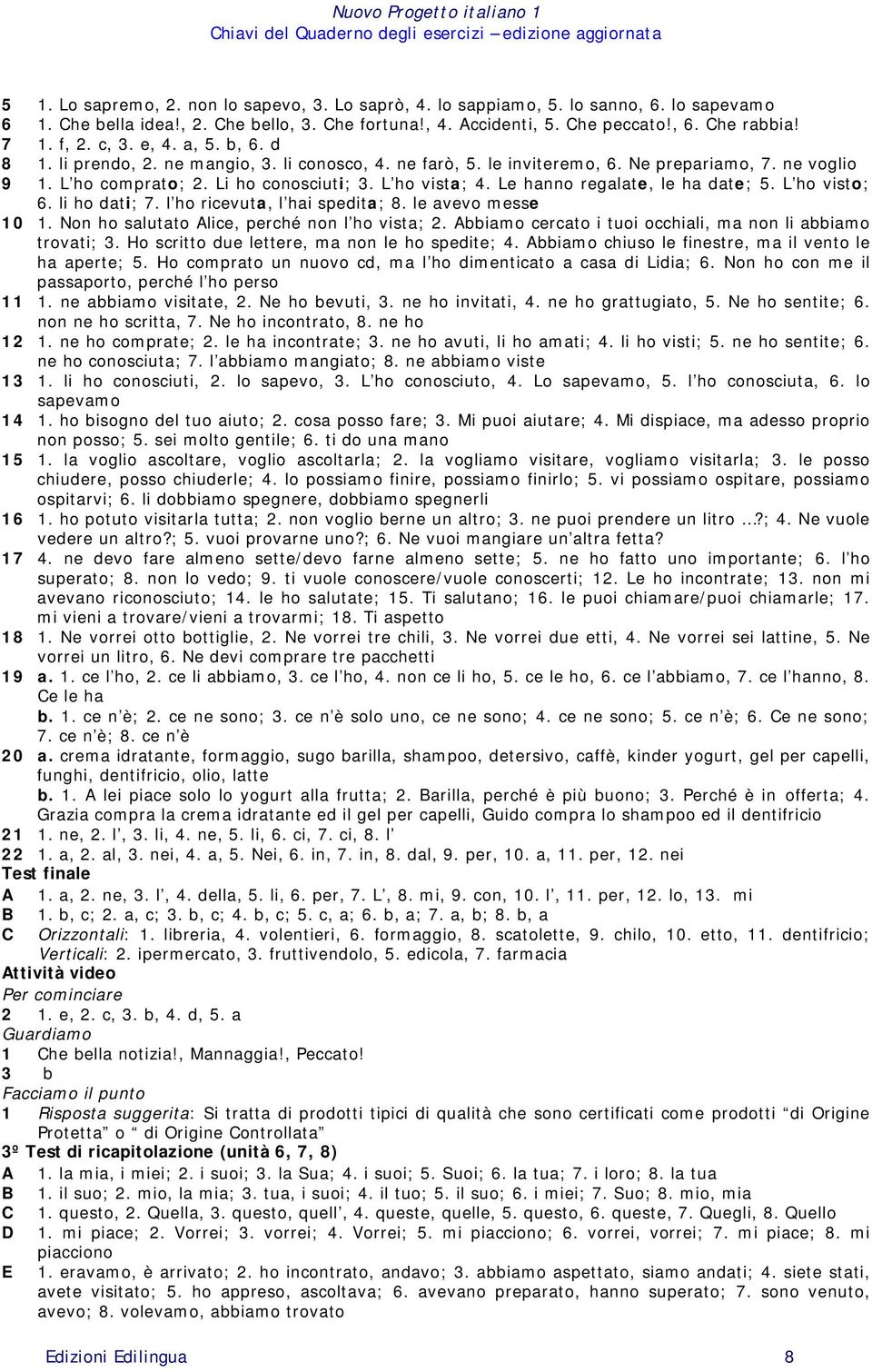 Le hanno regalate, le ha date; 5. L ho visto; 6. li ho dati; 7. l ho ricevuta, l hai spedita; 8. le avevo messe 10 1. Non ho salutato Alice, perché non l ho vista; 2.