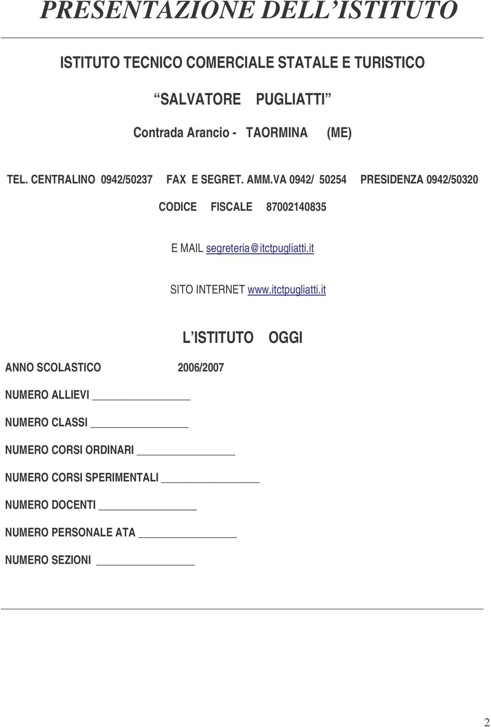 VA 0942/ 50254 PRESIDENZA 0942/50320 CODICE FISCALE 87002140835 E MAIL segreteria@itctpugliatti.it SITO INTERNET www.