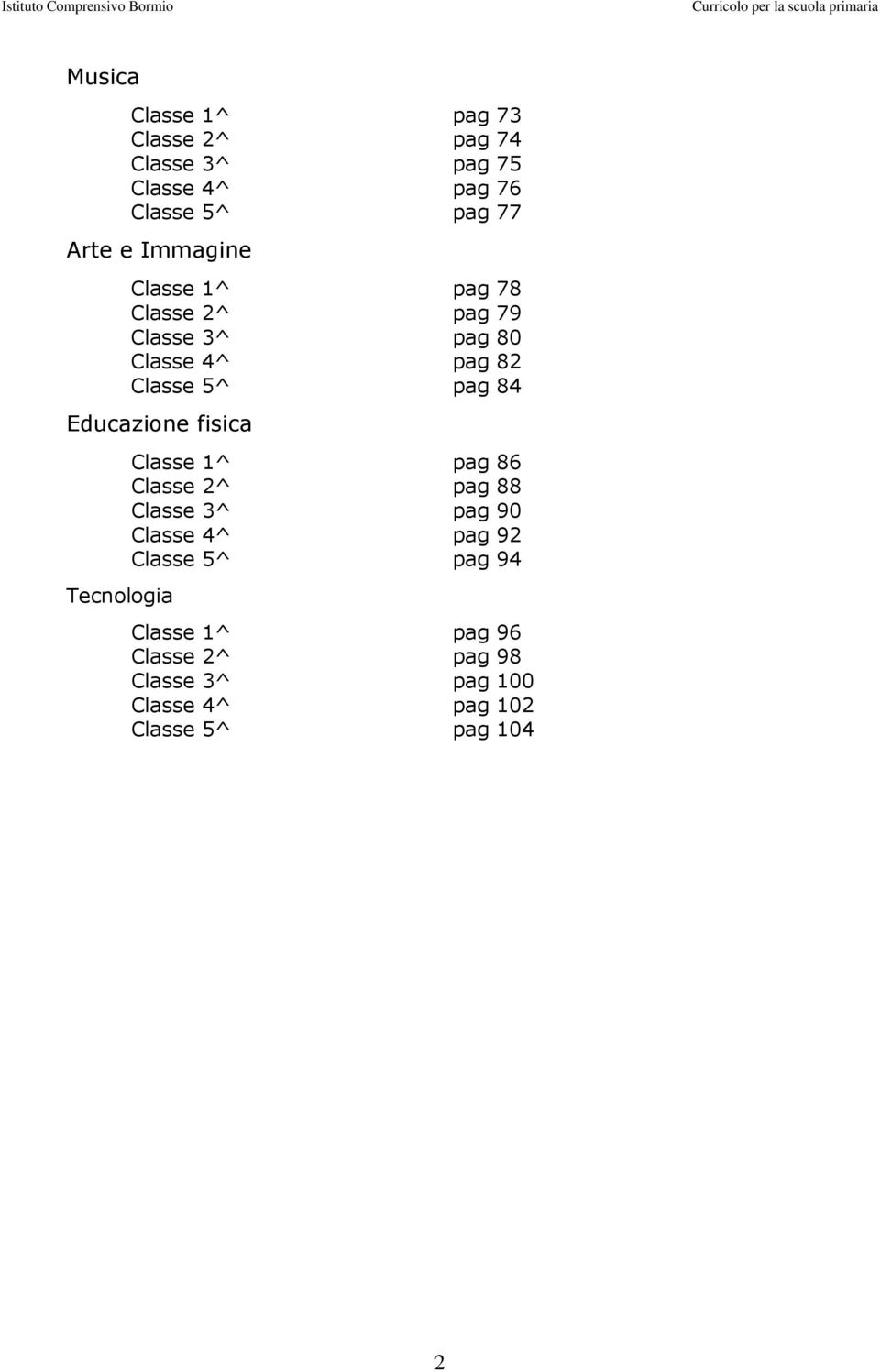 Educazione fisica Tecnologia Classe 1^ pag 86 Classe 2^ pag 88 Classe 3^ pag 90 Classe 4^ pag 92