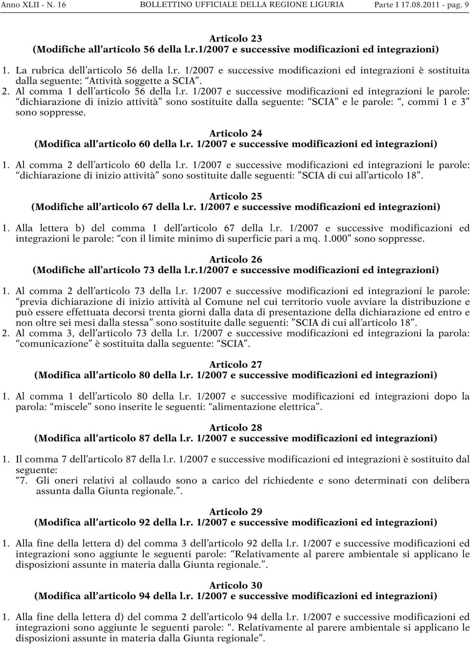 Articolo 24 (Modifica all articolo 60 della l.r. 1/2007 e successive modificazioni ed integrazioni) 1. Al comma 2 dell articolo 60 della l.r. 1/2007 e successive modificazioni ed integrazioni le parole: dichiarazione di inizio attività sono sostituite dalle seguenti: SCIA di cui all articolo 18.