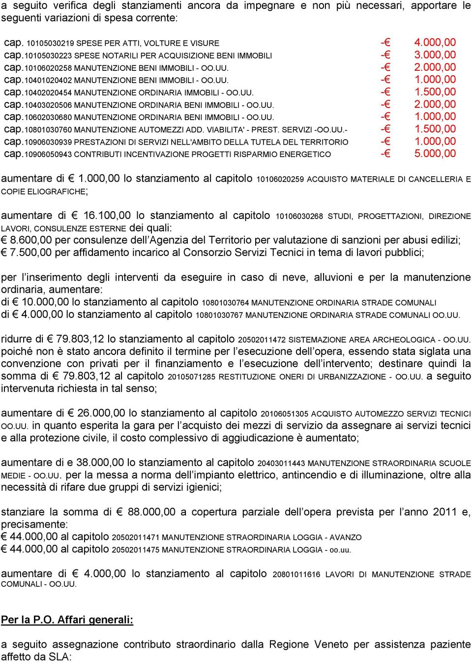 UU. - 1.500,00 cap.10403020506 MANUTENZIONE ORDINARIA BENI IMMOBILI - OO.UU. - 2.000,00 cap.10602030680 MANUTENZIONE ORDINARIA BENI IMMOBILI - OO.UU. - 1.000,00 cap.10801030760 MANUTENZIONE AUTOMEZZI ADD.