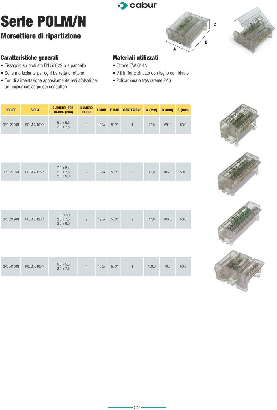 DIAMETRI FORI BARRA (mm) NUMERO BARRE I MAX V MAX CONFEZIONE A (mm) B (mm) C (mm) QPOL2100N POLM.2/100/N 5,0 x 5,5 2,0 x 7,5 2 100A 500V 4 47,0 69,0 50,0 QPOL2125N POLM.