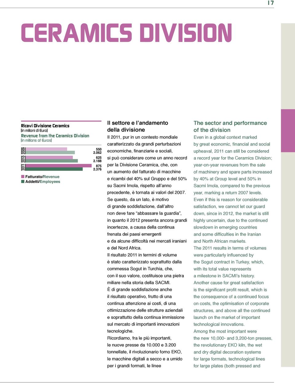 376 Il settore e l andamento della divisione Il 2011, pur in un contesto mondiale caratterizzato da grandi perturbazioni economiche, finanziarie e sociali, si può considerare come un anno record per