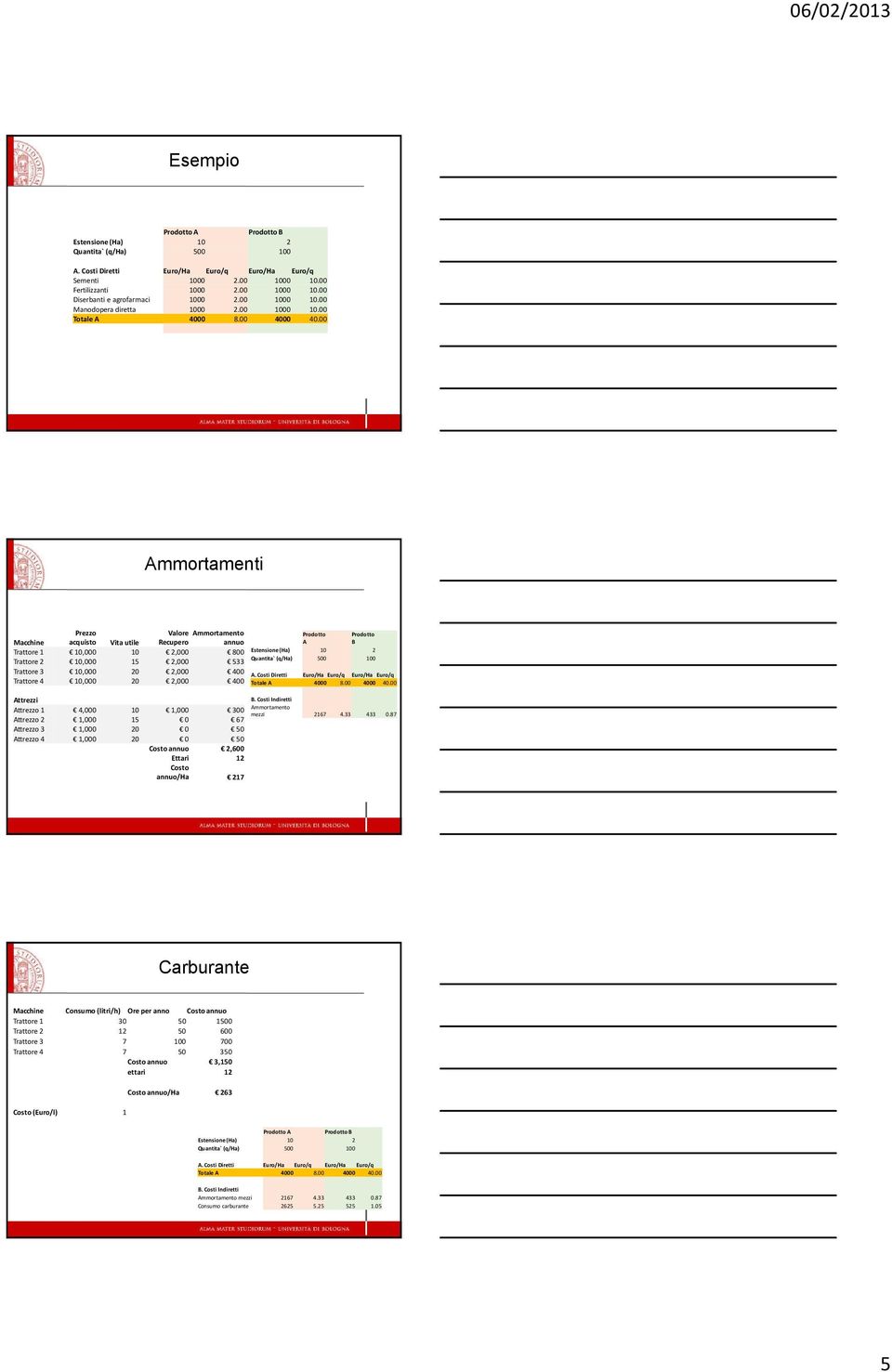 00 Ammortamenti Prezzo Valore Ammortamento Prodotto Prodotto Macchine acquisto Vita utile Recupero annuo A B Trattore 1 10,000 10 2,000 800 Estensione (Ha) 10 2 Trattore 2 10,000 15 2,000 533
