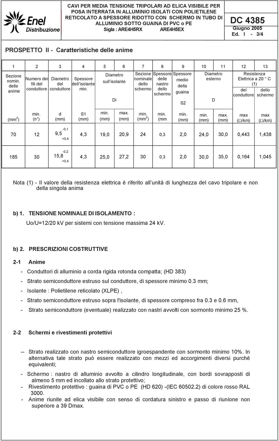 I - 3/4 PROSPETTO II - Caratteristiche delle anime 1 2 3 4 5 6 7 8 9 10 11 12 13 Sezione no delle anime Numero dei fili del conduttore Diametro del conduttore Spessore dell isolante Diametro sull