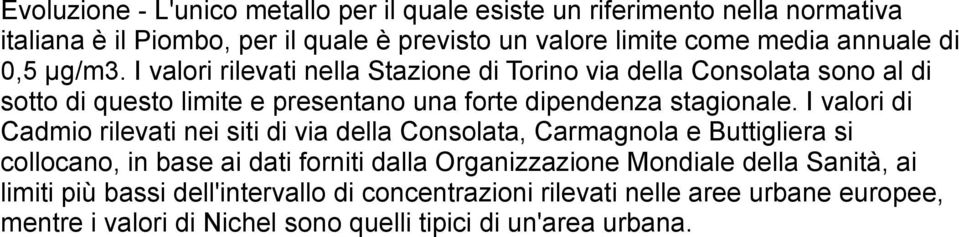 I valori rilevati nella Stazione di Torino via della Consolata sono al di sotto di questo limite e presentano una forte dipendenza stagionale.