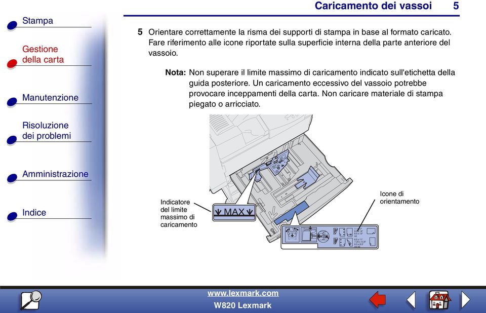 Nota: Non superare il limite massimo di caricamento indicato sull'etichetta della guida posteriore.