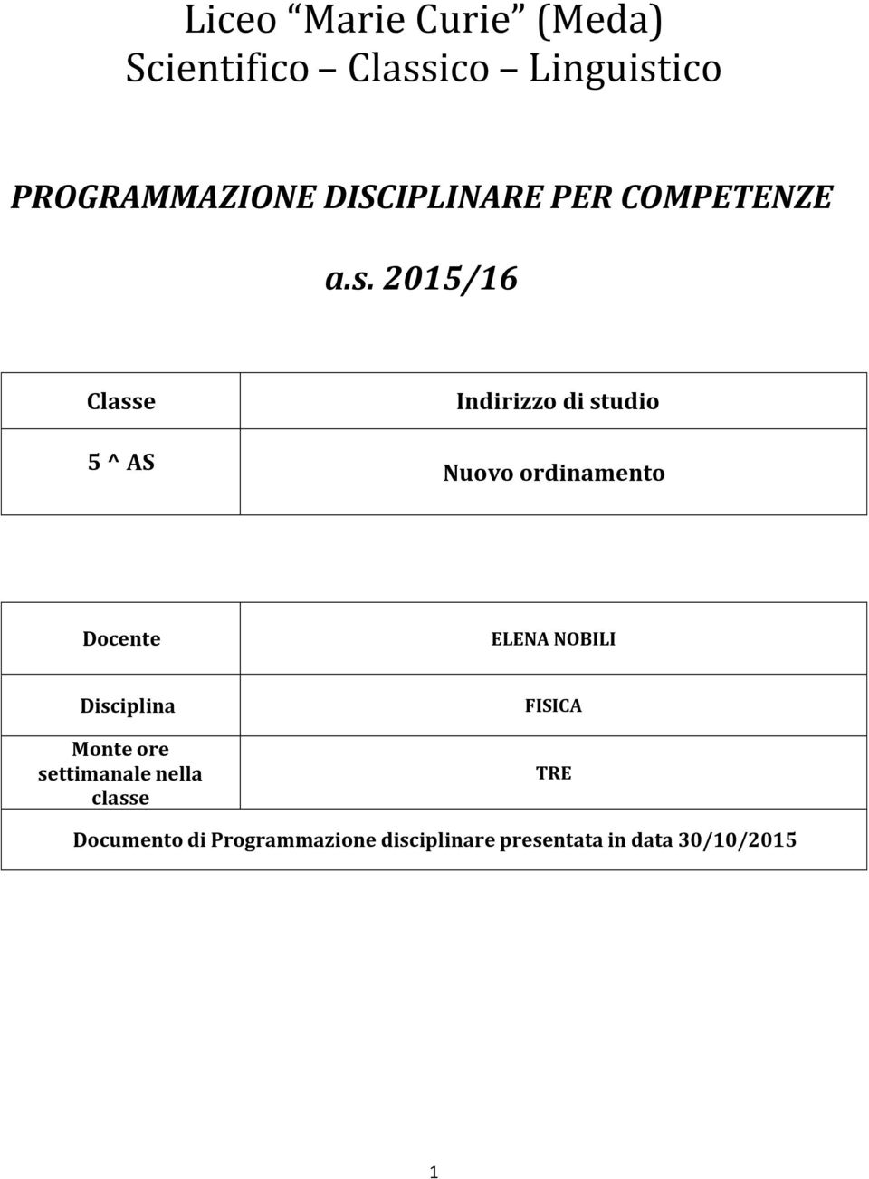 2015/16 Classe 5 ^ AS Indirizzo di studio Nuovo ordinamento Docente ELENA