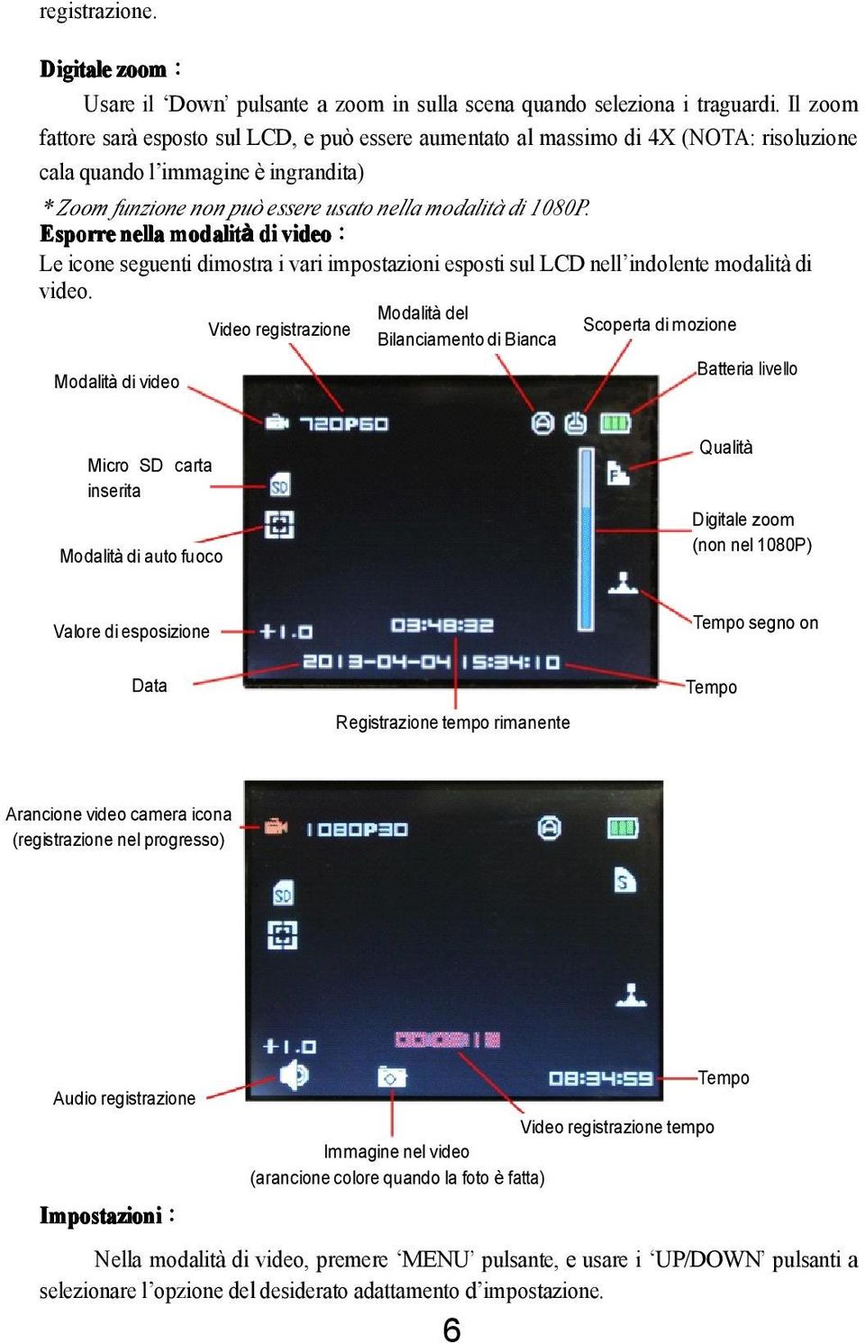 Esporre nella modalità di video: Le icone seguenti dimostra i vari impostazioni esposti sul LCD nell indolente modalità di video.