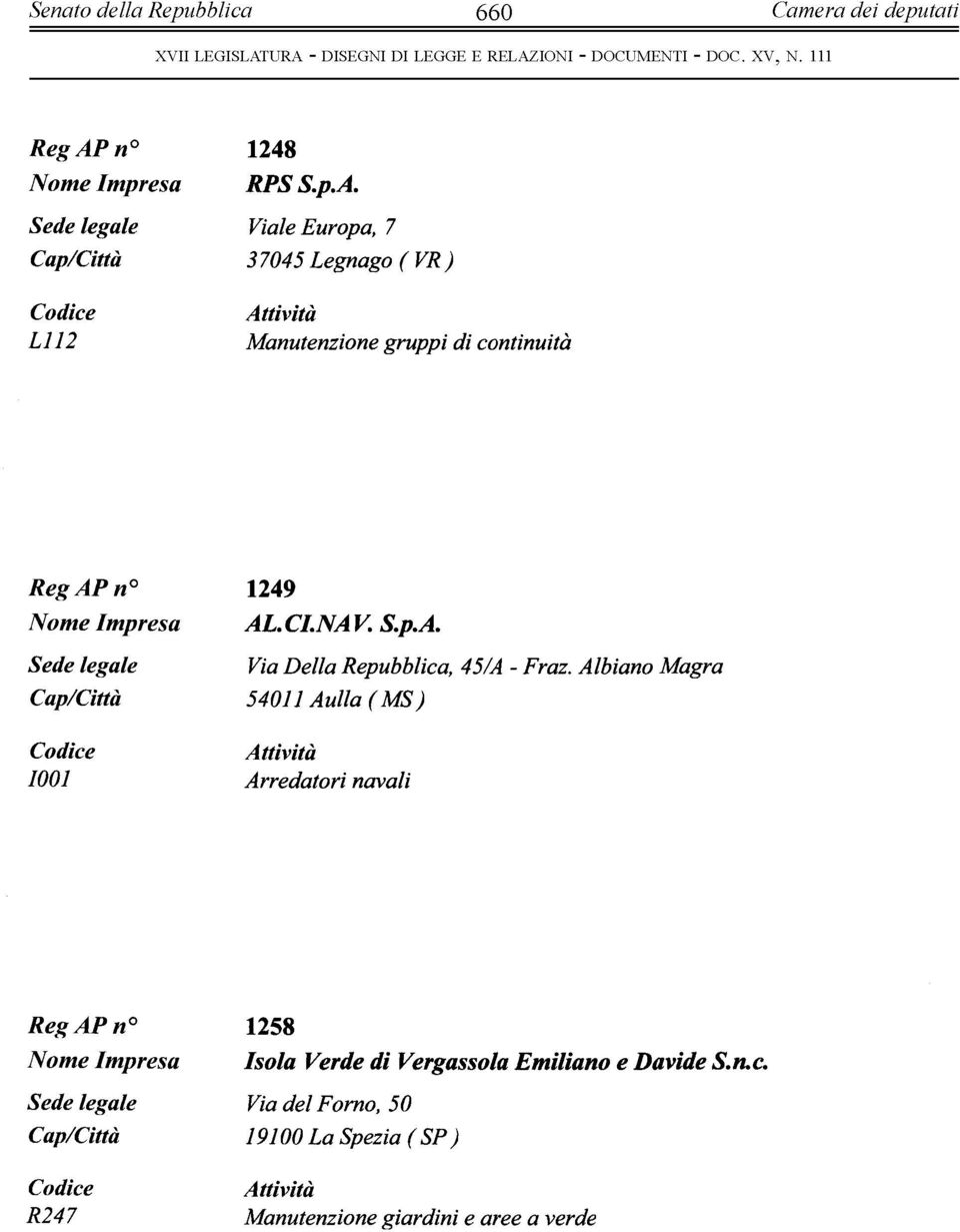 Sede legle Vile Eup, 7 3 7045 Legng ( VR) LI 12 Mnutenzine guppi dì cntinuità RegAPn0 1249 Nme Impes AL.