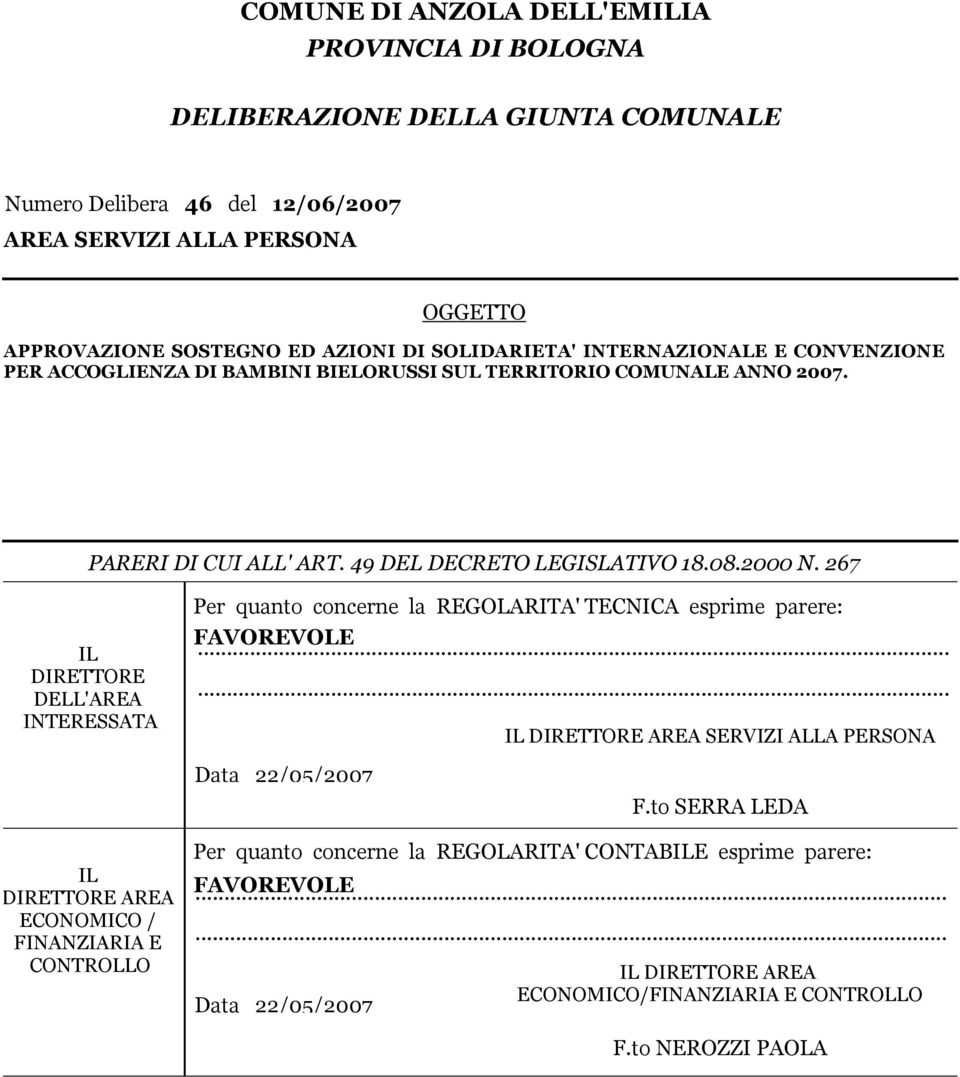 267 IL DIRETTORE DELL'AREA INTEREATA IL DIRETTORE AREA ECONOMICO / FINANZIARIA E CONTROLLO Per quanto concerne la REGOLARITA' TECNICA esprime parere: FAVOREVOLE.