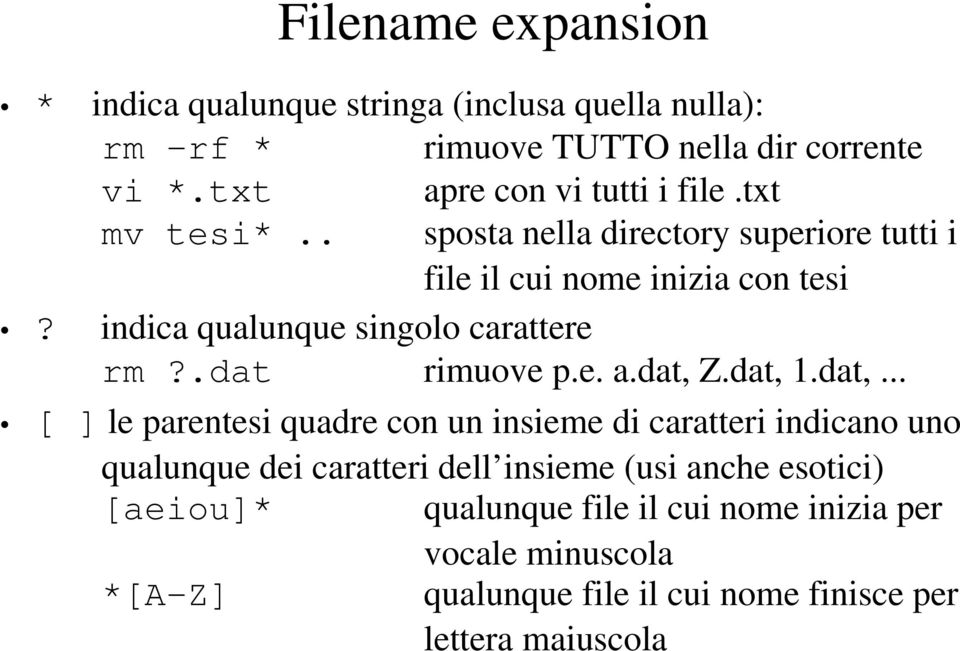 indica qualunque singolo carattere rm?.dat rimuove p.e. a.dat, 