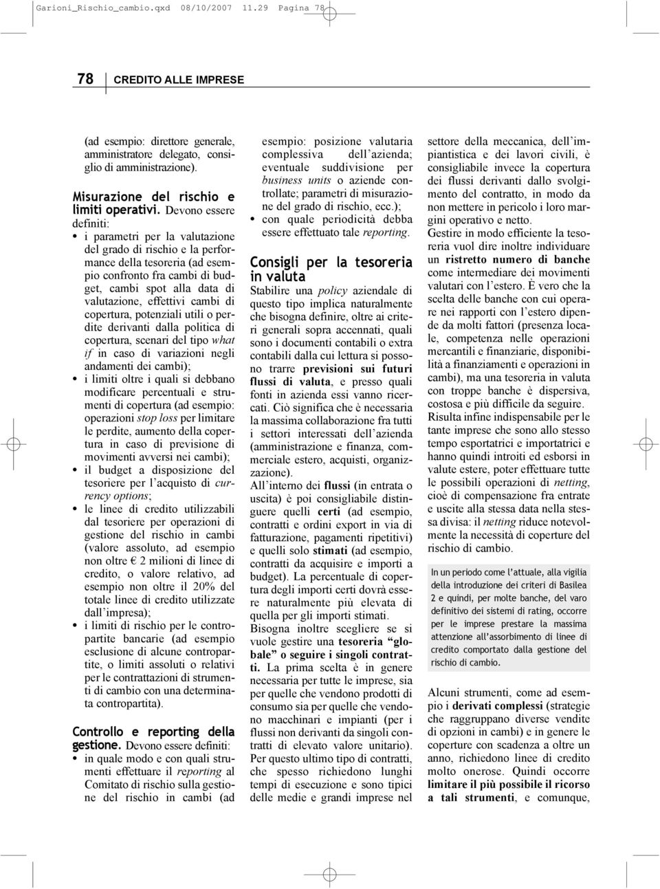 Devono essere definiti: i parametri per la valutazione del grado di rischio e la performance della tesoreria (ad esempio confronto fra cambi di budget, cambi spot alla data di valutazione, effettivi