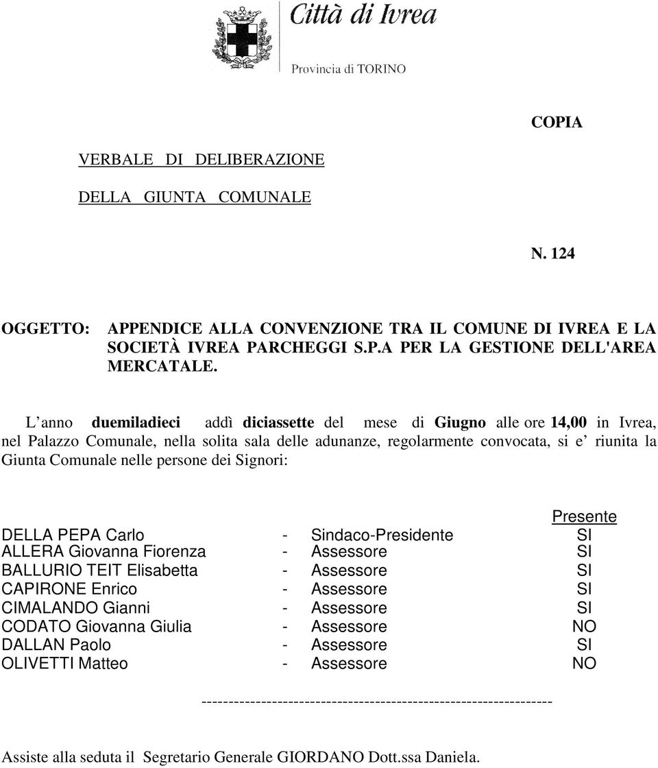 persone dei Signori: Presente DELLA PEPA Carlo - Sindaco-Presidente SI ALLERA Giovanna Fiorenza - Assessore SI BALLURIO TEIT Elisabetta - Assessore SI CAPIRONE Enrico - Assessore SI CIMALANDO Gianni