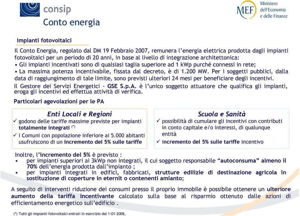 Per i soggetti pubblici, dalla data di raggiungimento di tale limite, sono previsti ulteriori 24 mesi per beneficiare degli incentivi. Il Gestore dei Servizi Energetici - GSE S.p.A.