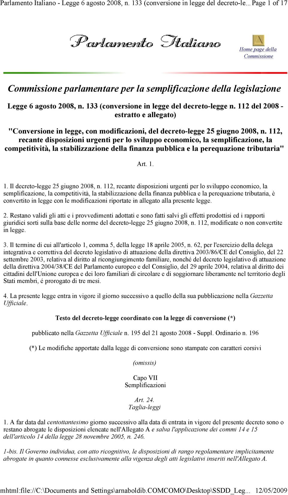 112 del 2008 - estratto e allegato) "Conversione in legge, con modificazioni, del decreto-legge 25 giugno 2008, n.