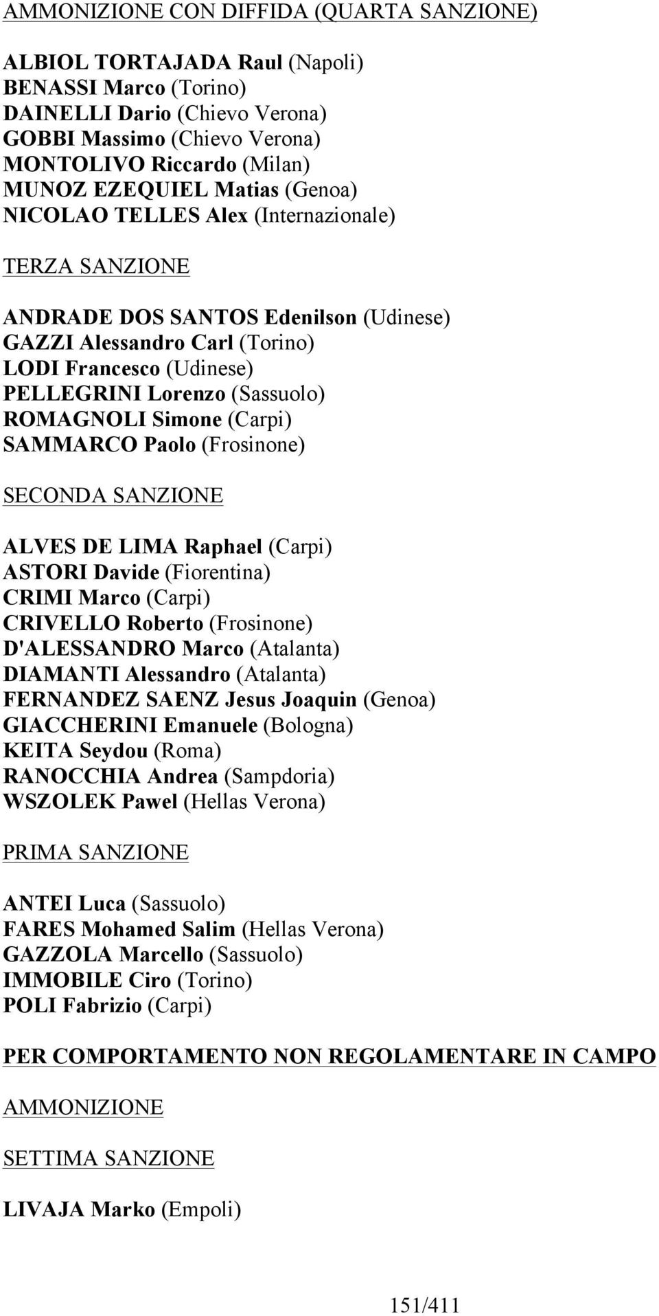 ROMAGNOLI Simone (Carpi) SAMMARCO Paolo (Frosinone) SECONDA SANZIONE ALVES DE LIMA Raphael (Carpi) ASTORI Davide (Fiorentina) CRIMI Marco (Carpi) CRIVELLO Roberto (Frosinone) D'ALESSANDRO Marco