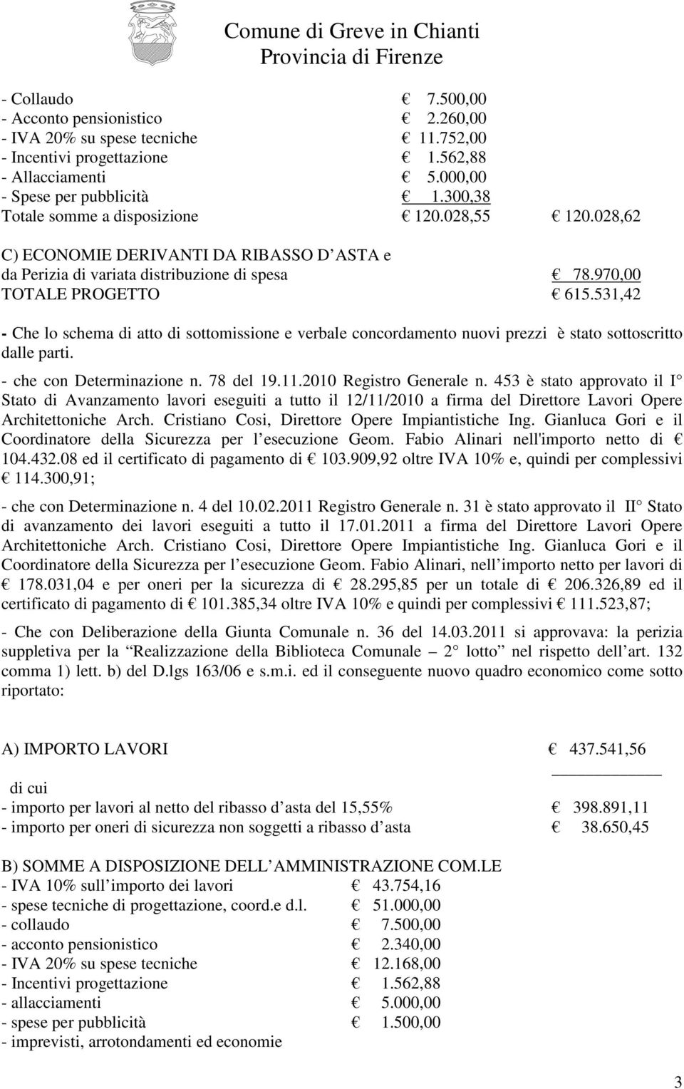 970,00 - Che lo schema di atto di sottomissione e verbale concordamento nuovi prezzi è stato sottoscritto dalle parti. - che con Determinazione n. 78 del 19.11.2010 Registro Generale n.