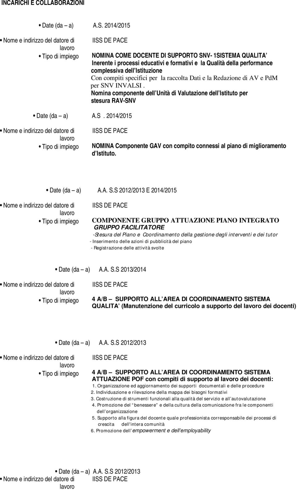 raccolta Dati e la Redazione di AV e PdM per SNV INVALSI. Nomina componente dell Unità di Valutazione dell Istituto per stesura RAV-SNV A.S. 2014/2015 NOMINA Componente GAV con compito connessi al piano di miglioramento d Istituto.