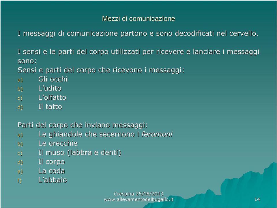 ricevono i messaggi: a) Gli occhi b) L udito c) L olfatto d) Il tatto Parti del corpo che inviano messaggi: a) Le