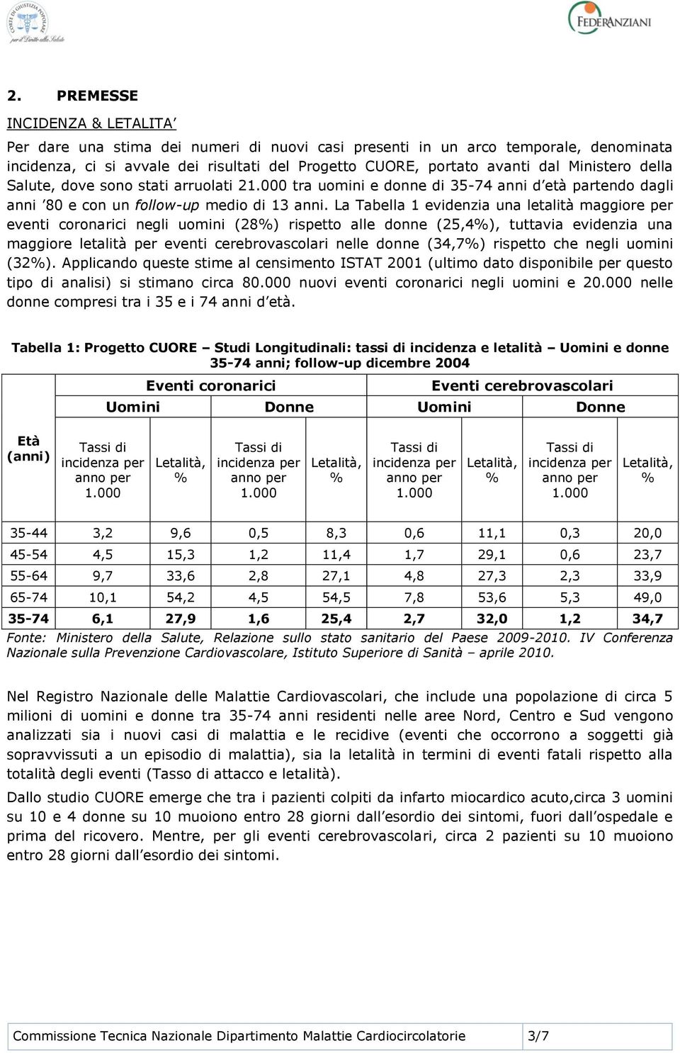 La Tabella 1 evidenzia una letalità maggiore per eventi coronarici negli uomini (28) rispetto alle donne (25,4), tuttavia evidenzia una maggiore letalità per eventi cerebrovascolari nelle donne