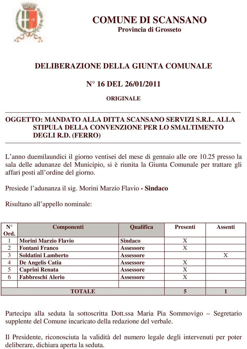 Morini Marzio Flavio - Sindaco Risultano all appello nominale: N Componenti Qualifica Presenti Assenti Ord.