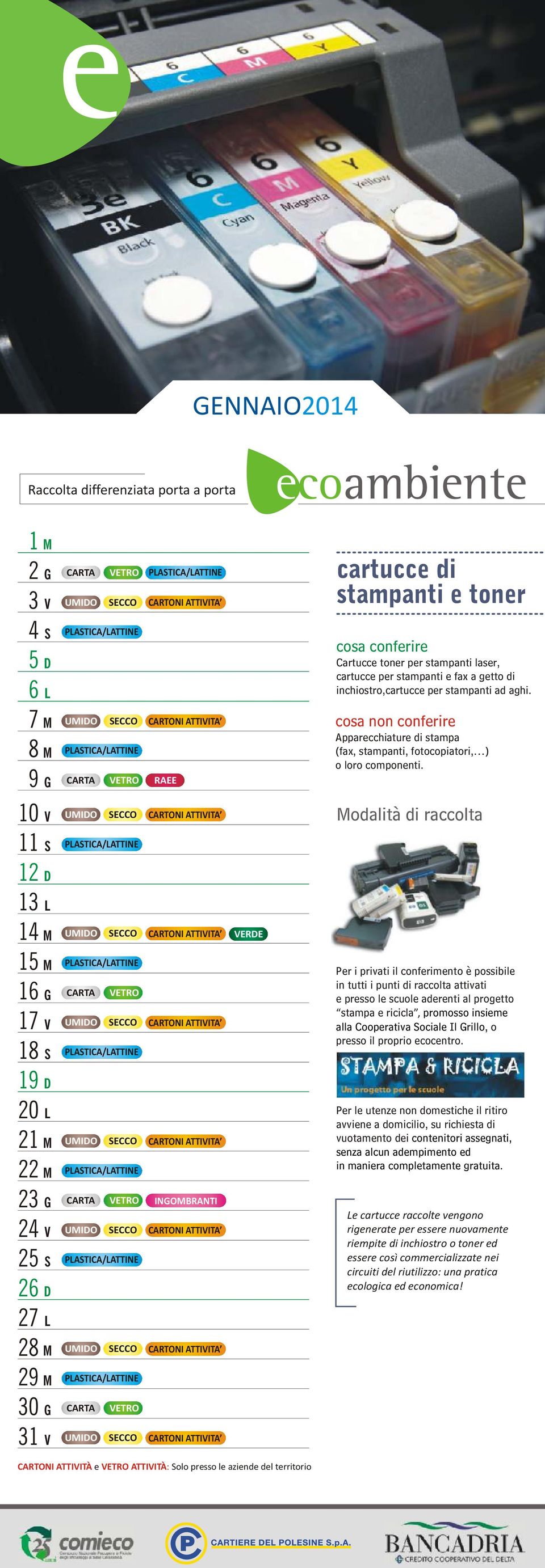 odalità di raccolta Per i privati il conferimento è possibile in tutti i punti di raccolta attivati e presso le scuole aderenti al progetto stampa e ricicla, promosso insieme alla Cooperativa ociale