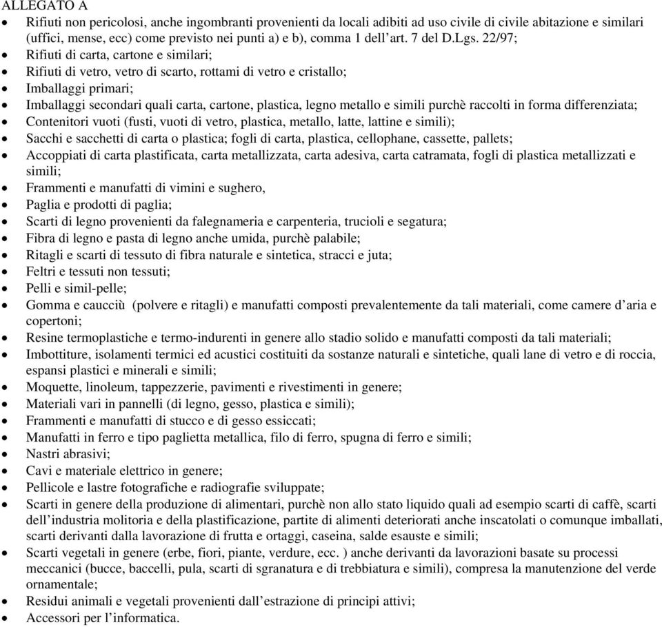 22/97; Rifiuti di carta, cartone e similari; Rifiuti di vetro, vetro di scarto, rottami di vetro e cristallo; Imballaggi primari; Imballaggi secondari quali carta, cartone, plastica, legno metallo e