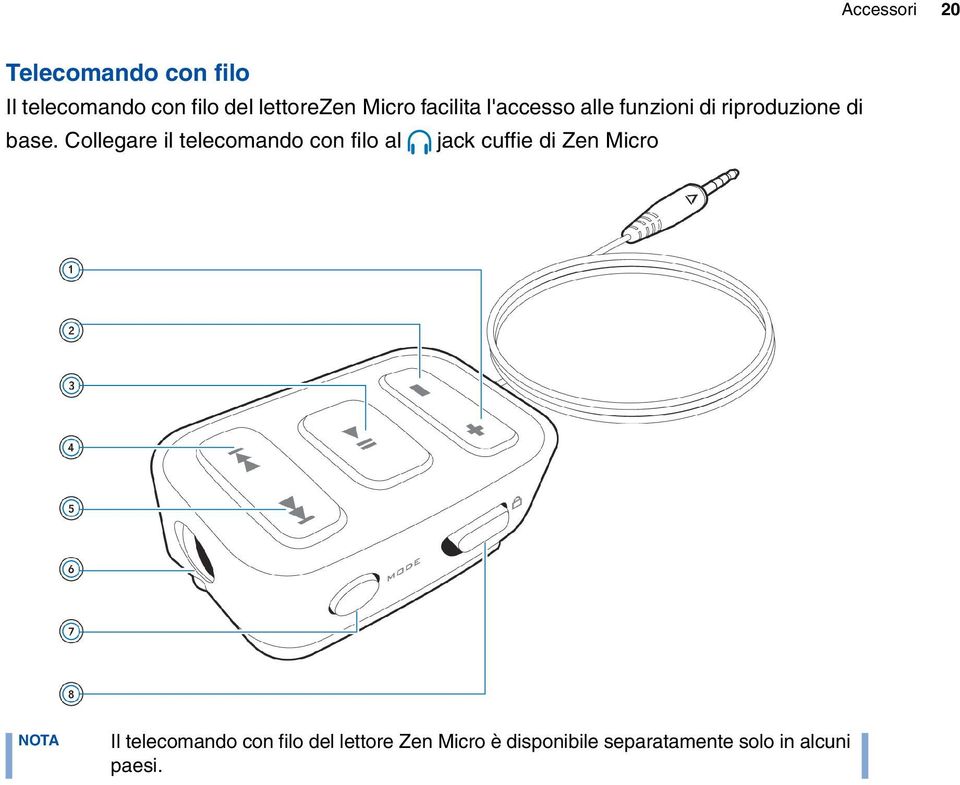 Collegare il telecomando con filo al jack cuffie di Zen Micro NOTA Il