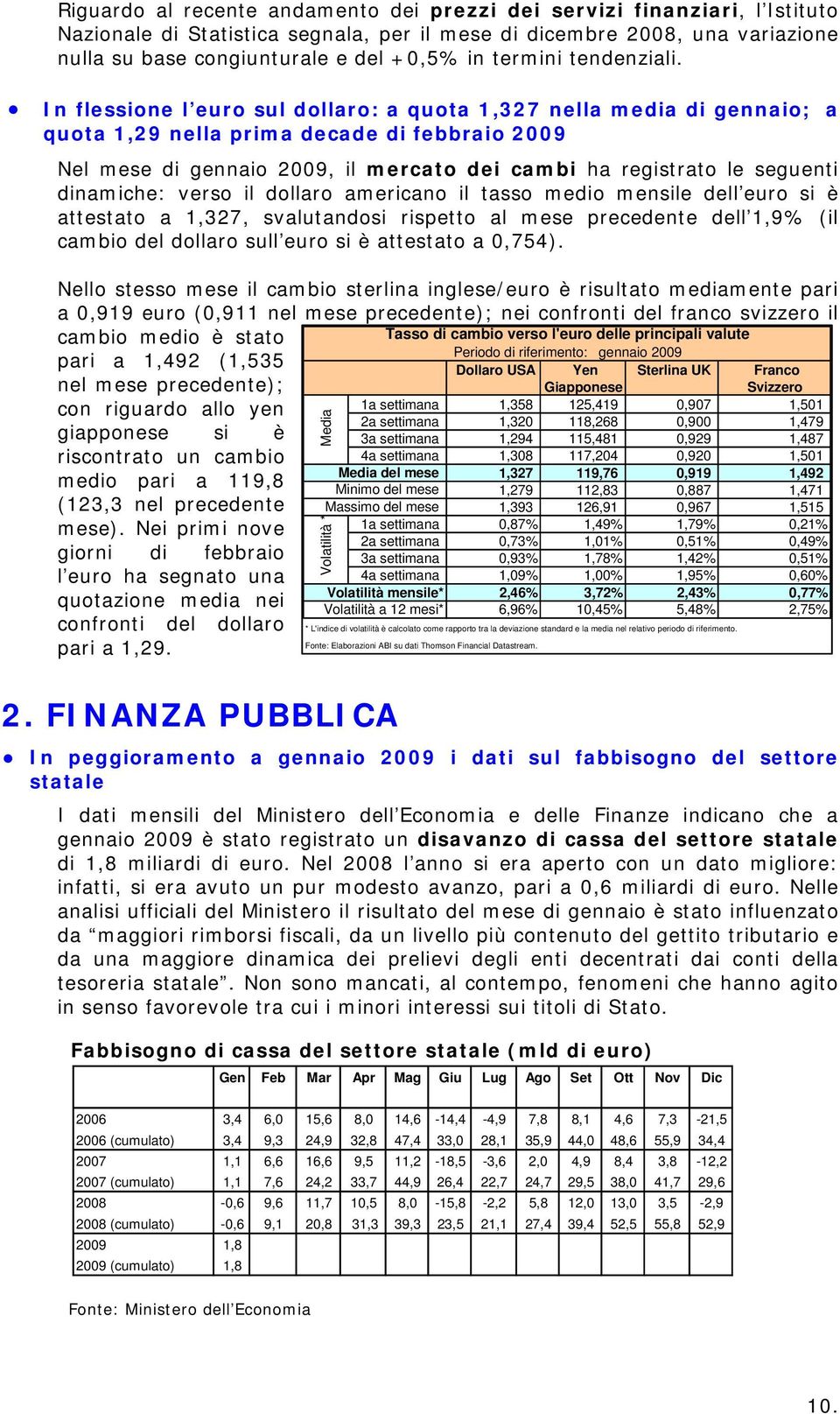 In flessione l euro sul dollaro: a quota 1,327 nella media di gennaio; a quota 1,29 nella prima decade di febbraio 2009 Nel mese di gennaio 2009, il mercato dei cambi ha registrato le seguenti