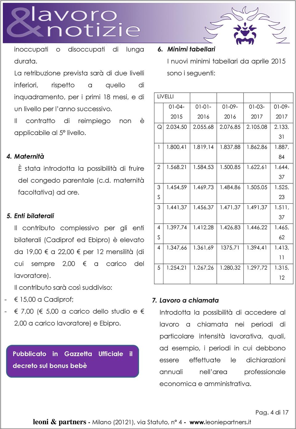 livello. 4. Maternità È stata introdotta la possibilità di fruire del congedo parentale (c.d. maternità facoltativa) ad ore. 5.