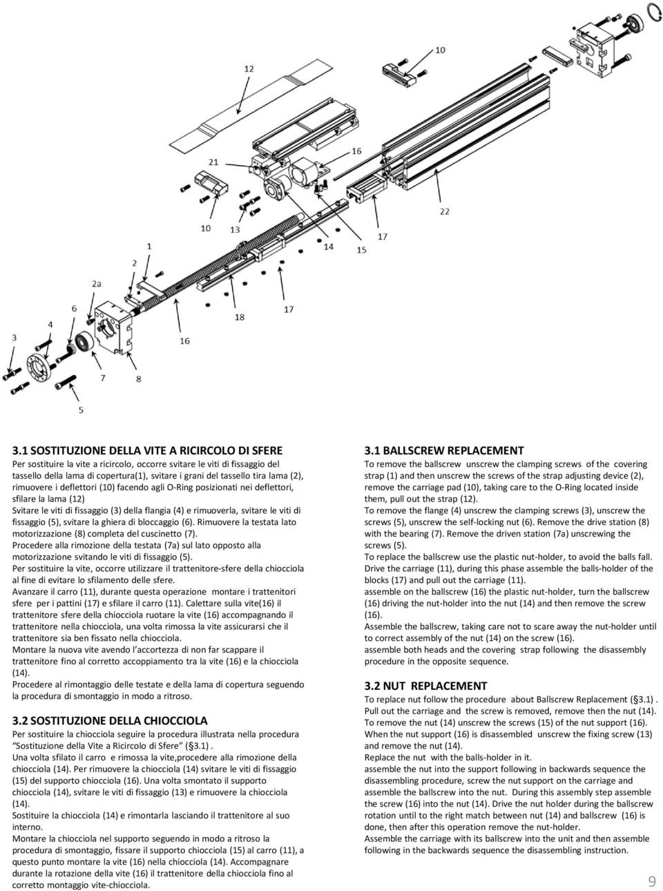 fissaggio (5), svitare la ghiera di bloccaggio (6). Rimuovere la testata lato motorizzazione (8) completa del cuscinetto (7).