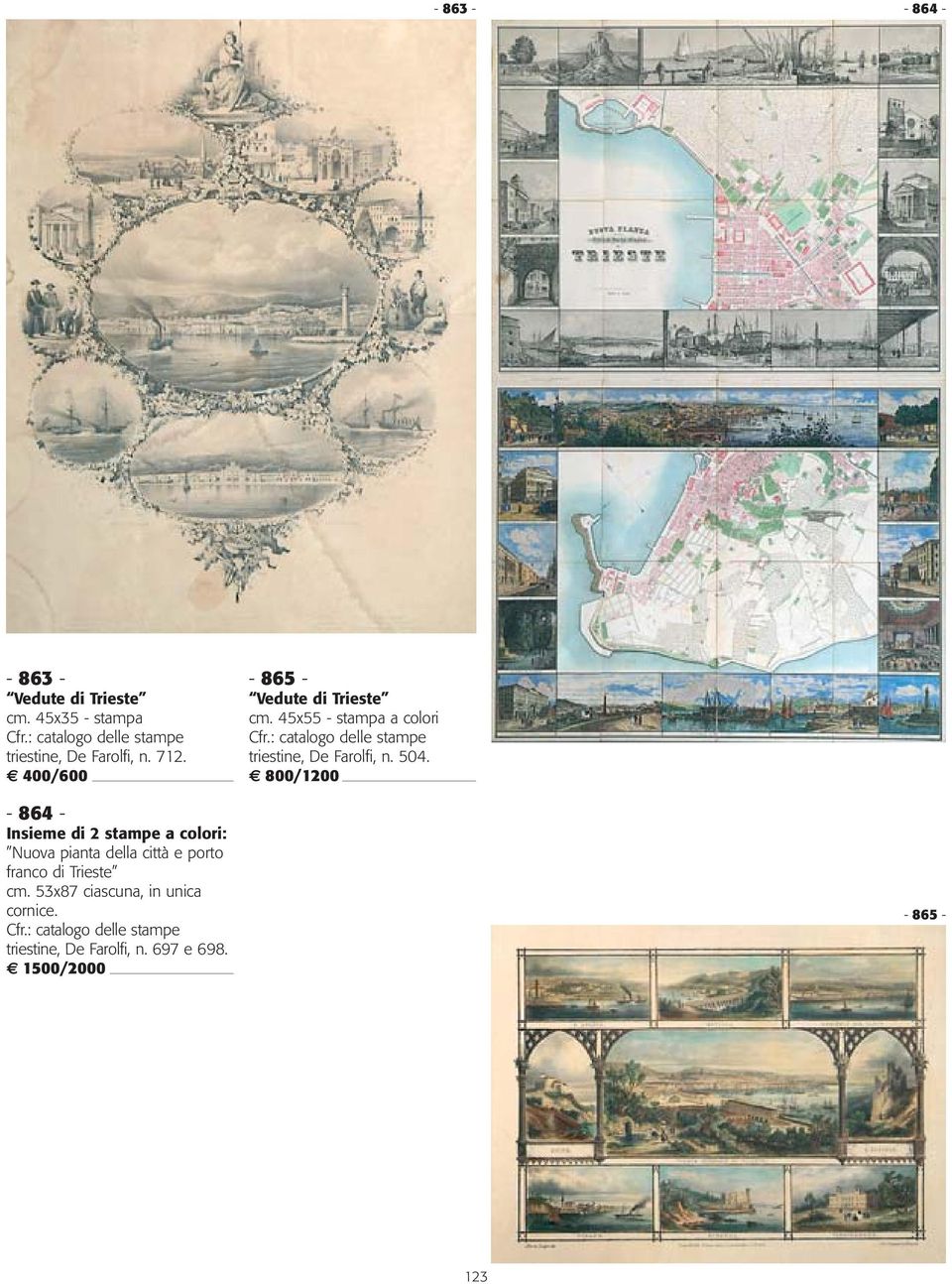 800/1200-864 - Insieme di 2 stampe a colori: Nuova pianta della città e porto franco di