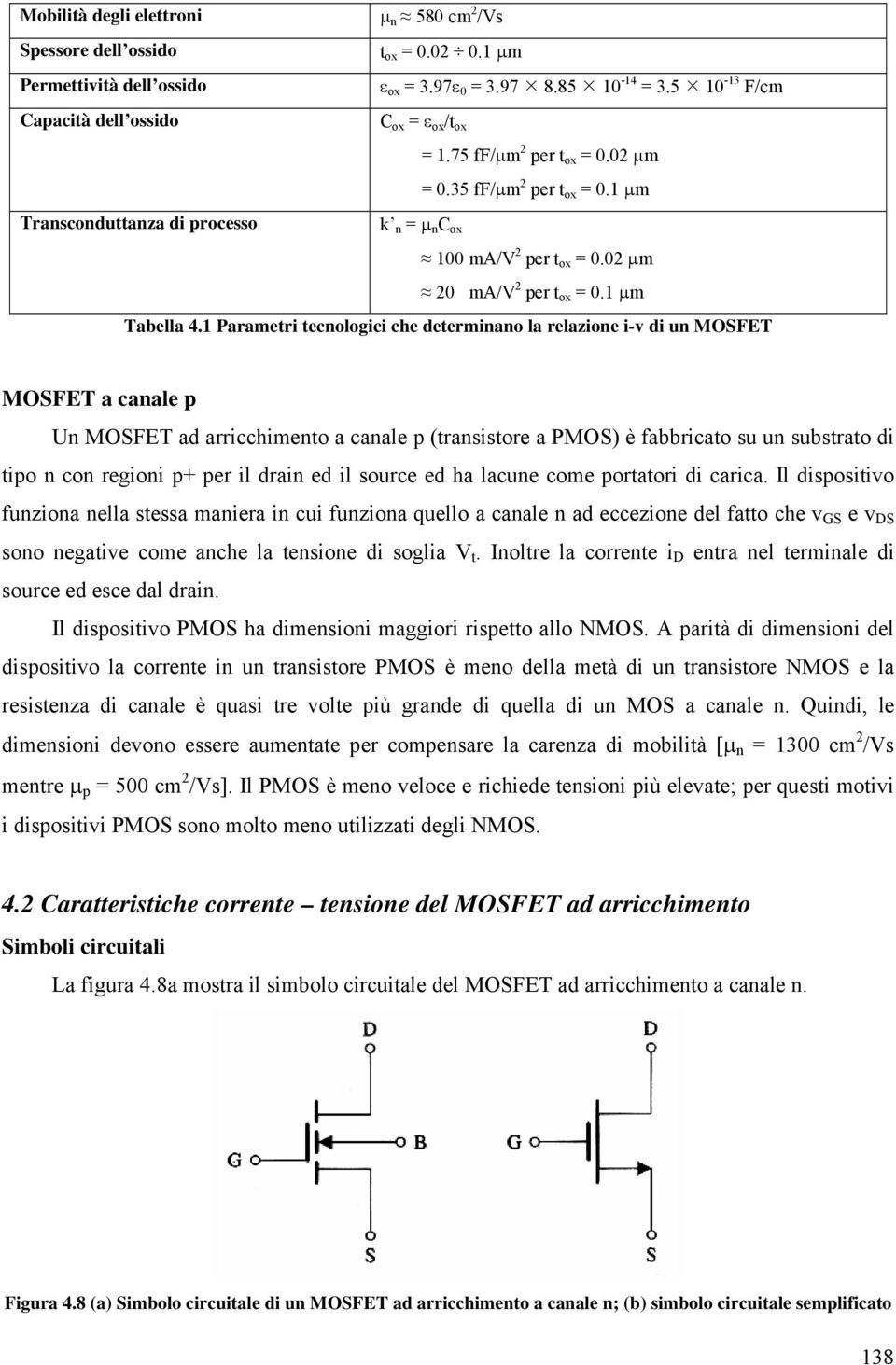 1 Parametri tecnologici che determinano la relazione i-v di un MOSFET MOSFET a canale p Un MOSFET ad arricchimento a canale p (transistore a PMOS) è fabbricato su un substrato di tipo n con regioni