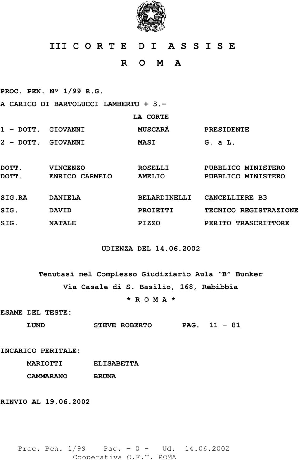 DAVID PROIETTI TECNICO REGISTRAZIONE SIG. NATALE PIZZO PERITO TRASCRITTORE UDIENZA DEL 14.06.2002 Tenutasi nel Complesso Giudiziario Aula B Bunker Via Casale di S.