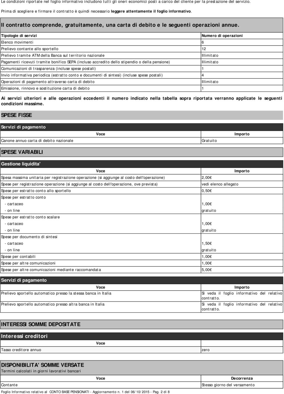 Tipologie di servizi Numero di operazioni Elenco movimenti 6 Prelievo contante allo sportello 12 Prelievo tramite ATM della Banca sul territorio nazionale Illimitato Pagamenti ricevuti tramite