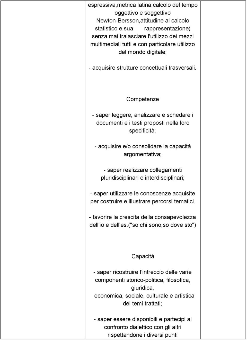 Competenze saper leggere, analizzare e schedare i documenti e i testi proposti nella loro specificità; acquisire e/o consolidare la capacità argomentativa; saper realizzare collegamenti