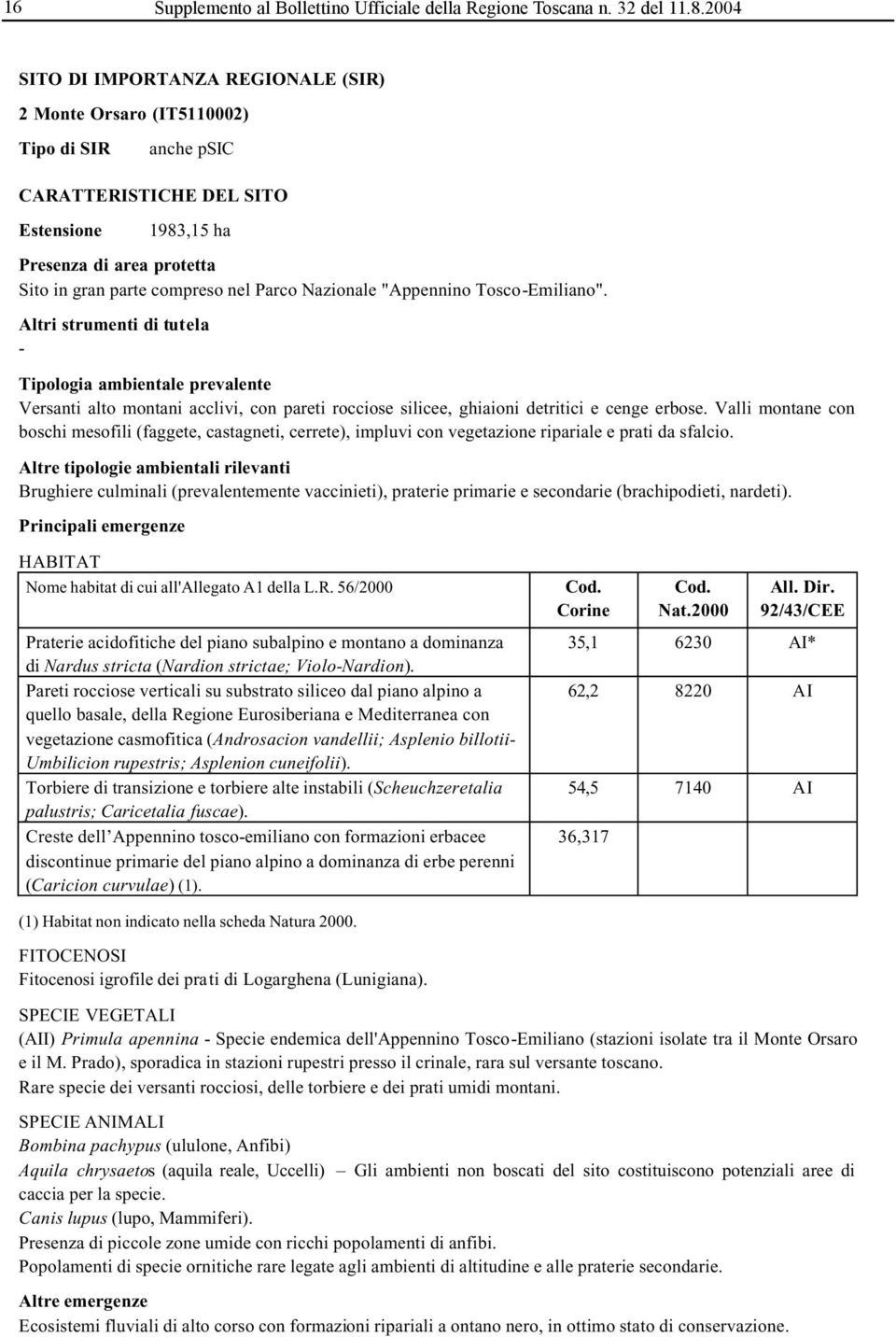 Parco Nazionale "Appennino Tosco-Emiliano". Altri strumenti di tutela - Tipologia ambientale prevalente Versanti alto montani acclivi, con pareti rocciose silicee, ghiaioni detritici e cenge erbose.