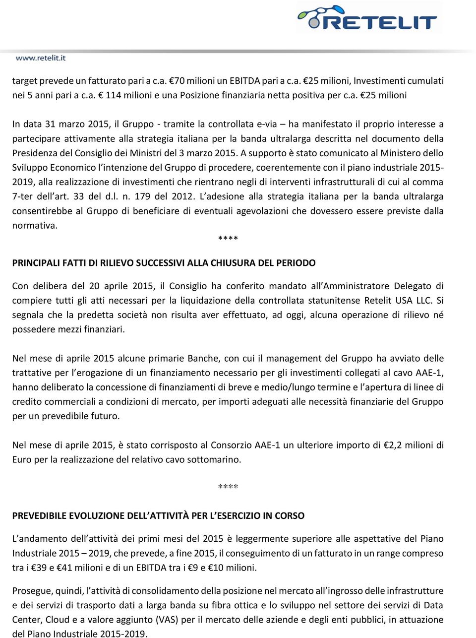 documento della Presidenza del Consiglio dei Ministri del 3 marzo 2015.