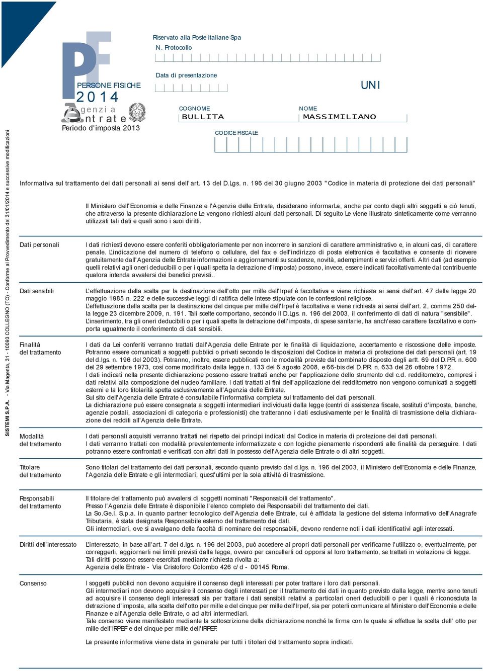 trattamento dei dati personali ai sensi dell'art. del D.Lgs. n.