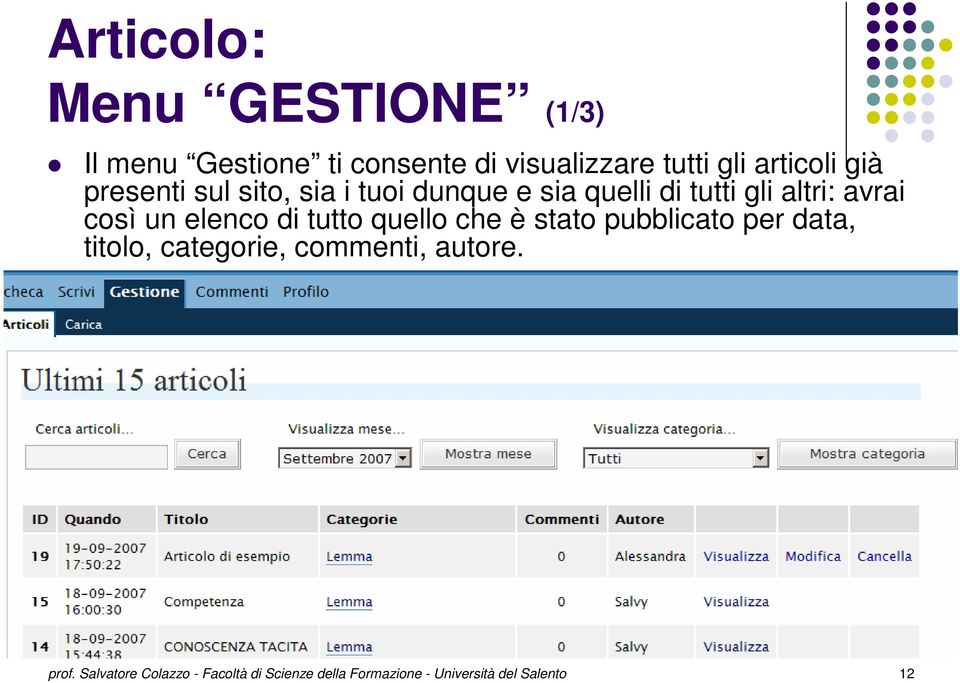 così un elenco di tutto quello che è stato pubblicato per data, titolo, categorie,