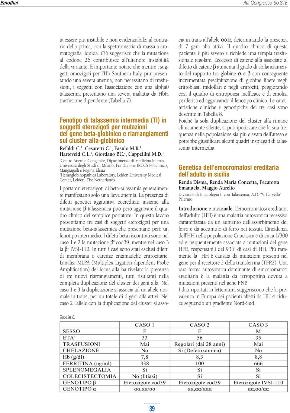 È importante notare che mentre i soggetti omozigoti per l Hb Southern Italy, pur presentando una severa anemia, non necessitano di trasfusioni, i soggetti con l associazione con una alpha0 talassemia