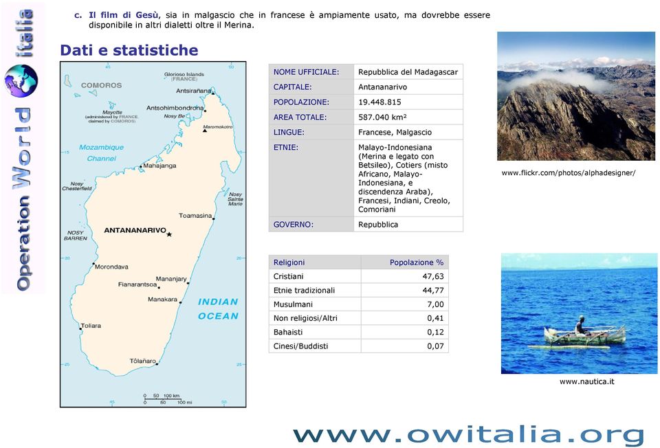 040 km² Francese, Malgascio Malayo-Indonesiana (Merina e legato con Betsileo), Cotiers (misto Africano, Malayo- Indonesiana, e discendenza Araba), Francesi,