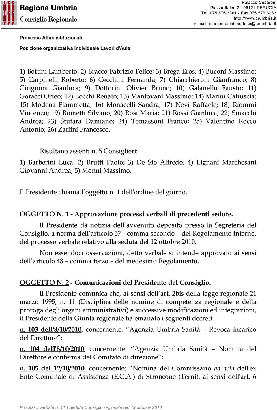 Rometti Silvano; 20) Rosi Maria; 21) Rossi Gianluca; 22) Smacchi Andrea; 23) Stufara Damiano; 24) Tomassoni Franco; 25) Valentino Rocco Antonio; 26) Zaffini Francesco. Risultano assenti n.