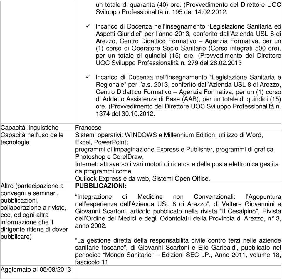 Incarico di Docenza nell insegnamento Legislazione Sanitaria ed Aspetti Giuridici per l anno 2013, conferito dall Azienda USL 8 di Arezzo, Centro Didattico Formativo Agenzia Formativa, per un (1)