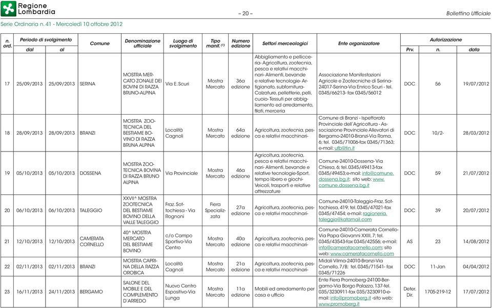 02/11/2013 BRANZI 23 16/11/2013 24/11/2013 BERGAMO MOSTRA MER- CATO ZONALE DEI BOVINI DI RAZZA BRUNO-ALPINA MOSTRA ZOO- TECNICA DEL BESTIAME BO- VINO DI RAZZA BRUNA ALPINA MOSTRA ZOO- TECNICA BOVINA