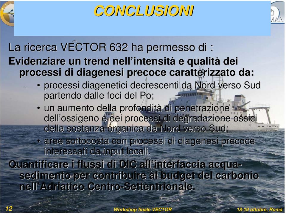 ossigeno e dei processi di degradazione ossici della sostanza organica da Nord verso Sud; aree sottocosta con processi di diagenesi precoce