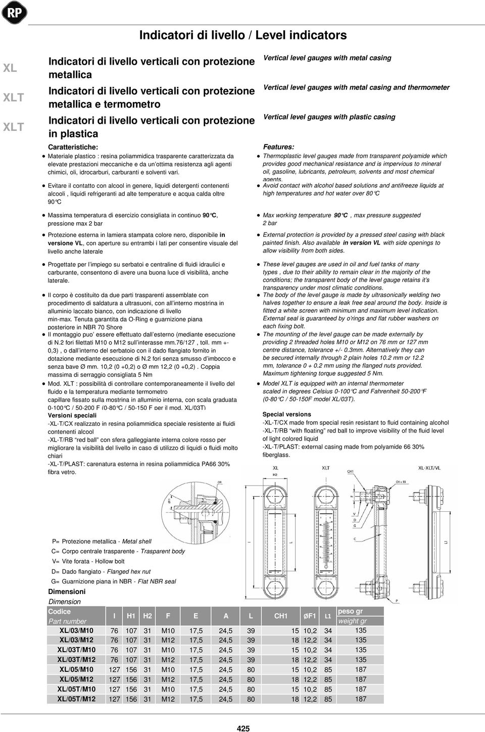 il contatto con alcool in genere, liquidi detergenti contenenti alcooli, liquidi refrigeranti ad alte temperature e acqua calda oltre 90 C Vertical level gauges with metal casing Vertical level