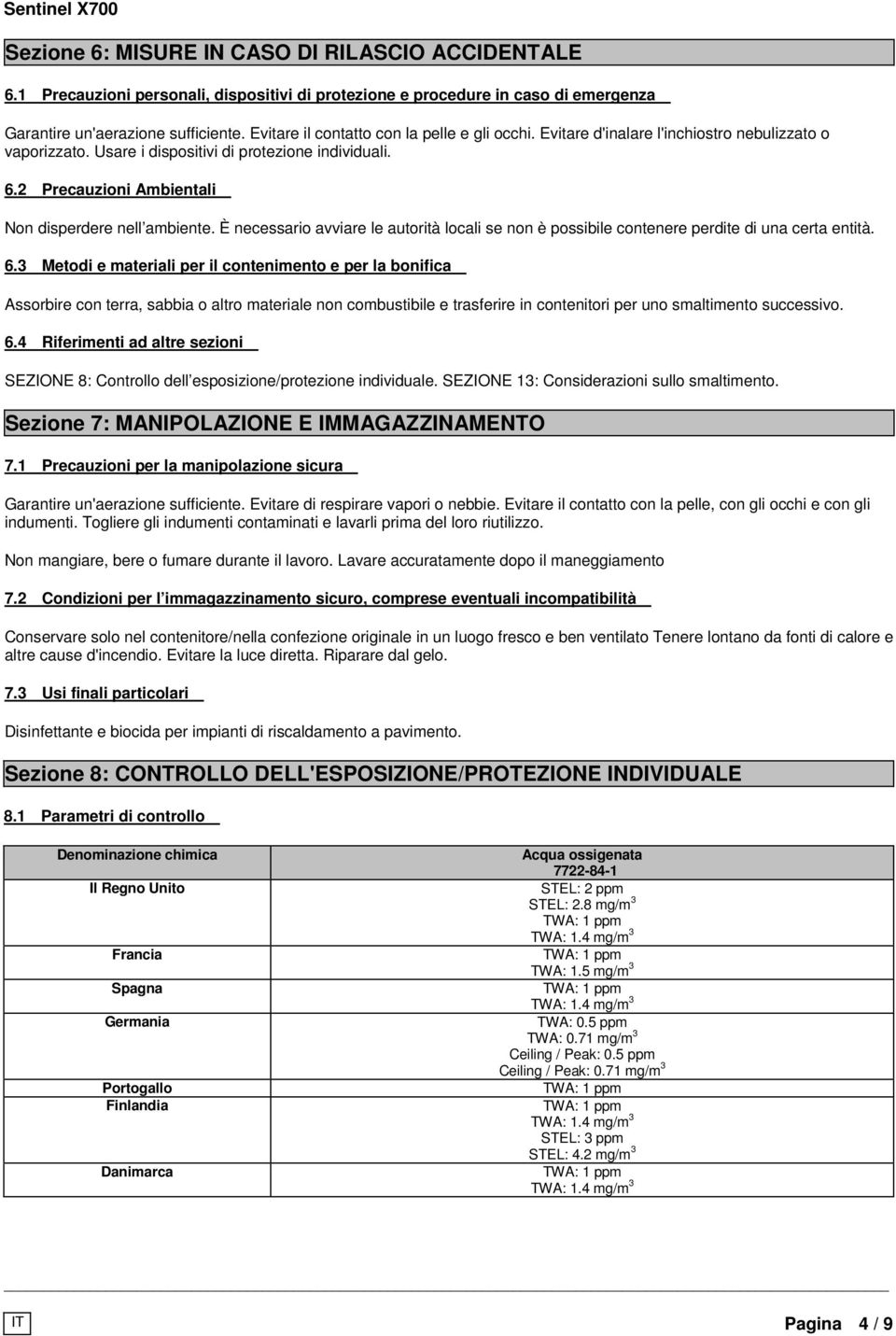 2 Precauzioni Ambientali Non disperdere nell ambiente. È necessario avviare le autorità locali se non è possibile contenere perdite di una certa entità. 6.